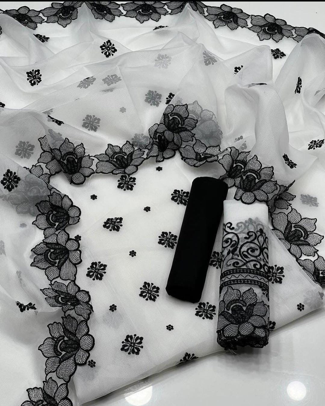 3 Pcs Suit Cross Stitch Embroidered Organza Shirt