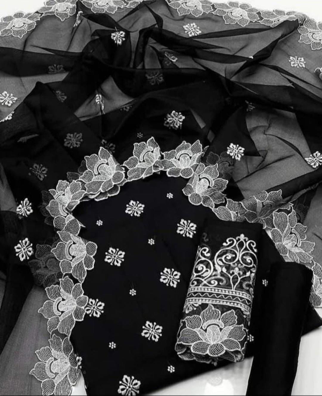 3 Pcs Suit Cross Stitch Embroidered Organza Shirt