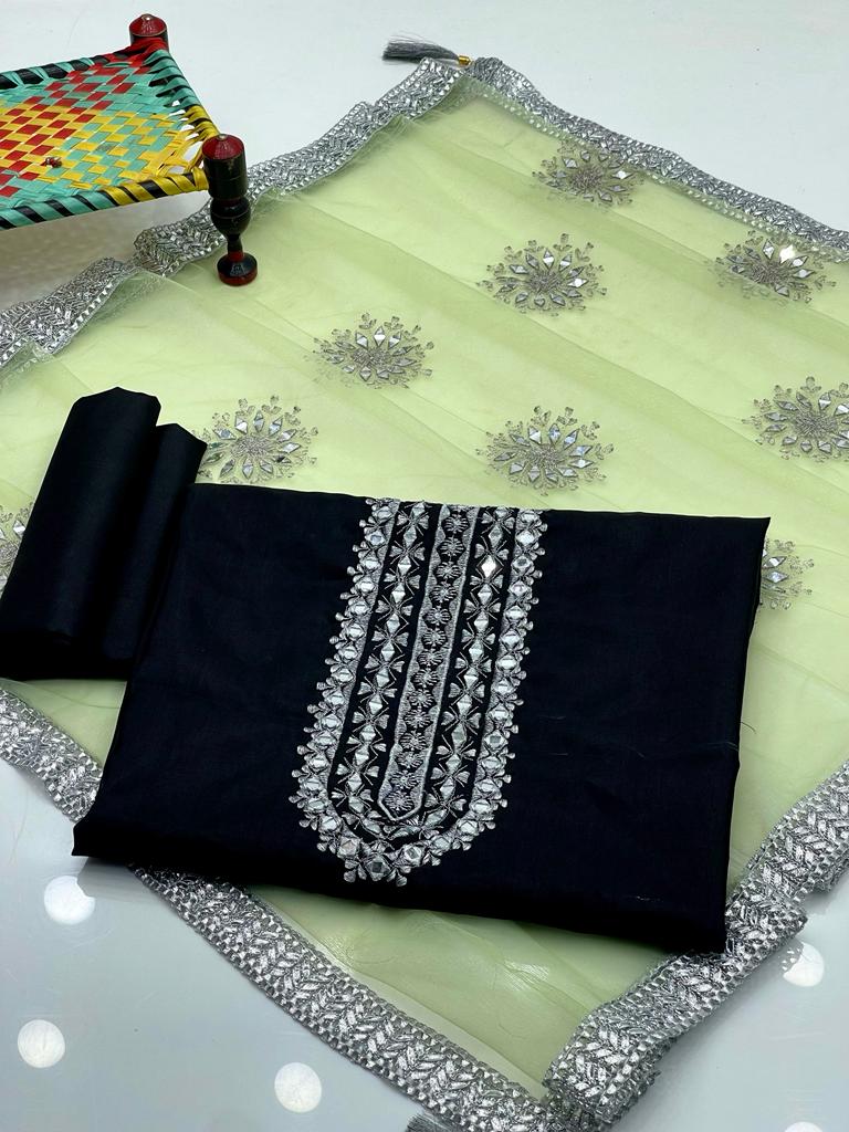 4 Pcs Suit Net Mirror Indian lase Contrast Dupata