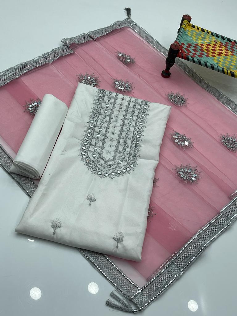 4 Pcs Suit Net Mirror Indian lase Contrast Dupata